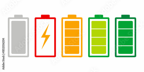 Five battery icons displaying varying levels of charge from empty to full