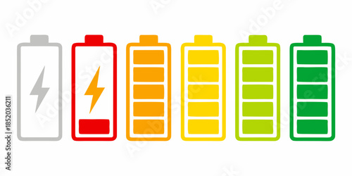 A series of battery icons displaying varying levels of charge from full to empty