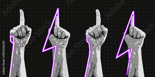Four hands displaying the middle finger with neon purple electric outlines