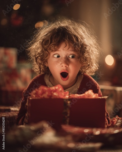 Excited child unwrapping Christmas gift with joyful expression in festive living room