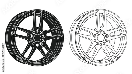 Detailed illustration of two automotive wheel rims in contrasting black and white