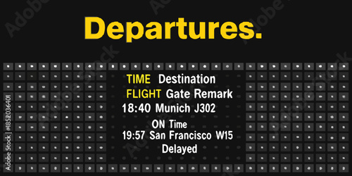 Airport departures board displaying flight information with times destinations and gates