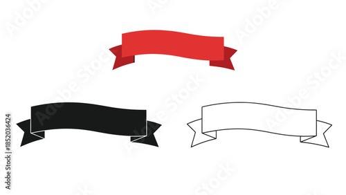 Three ribbon banners in red black and white with curved tails