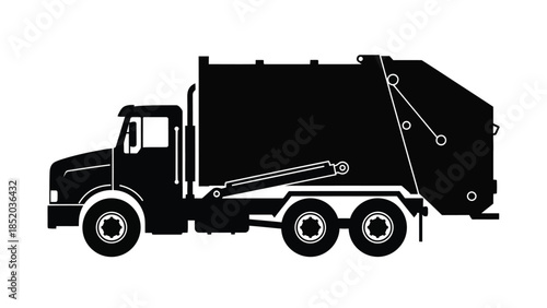 A black silhouette of a garbage truck with a mechanical arm extended