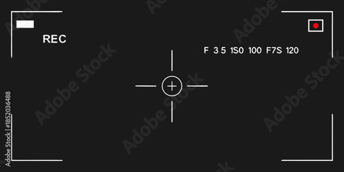 Camera viewfinder display showing recording indicators and focus settings
