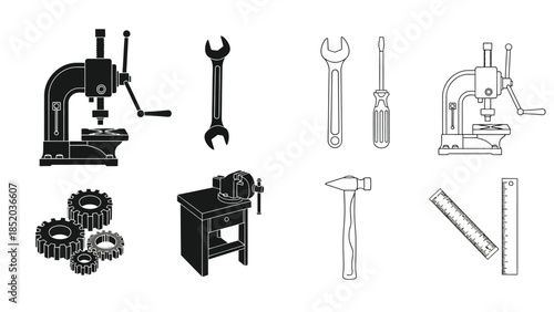 Collection of black and white tools and workshop equipment illustrations