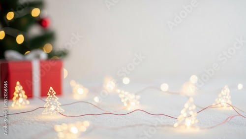 Christmas Tree Lights Decoration on Table against Christmas Present and Lit Christmas Tree