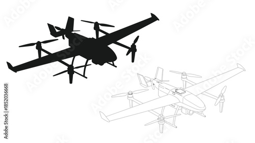 Drone designs a black silhouette contrasted with a detailed line drawing