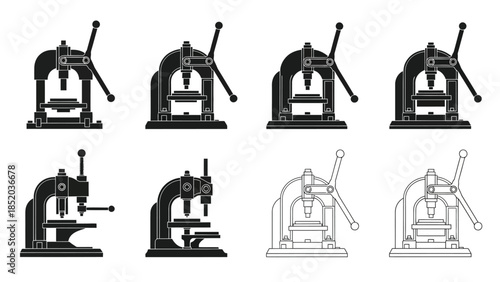 Illustrations of vintage printing presses in various styles and perspectives