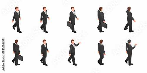 Isometric depiction of a businessman walking in various poses and perspectives