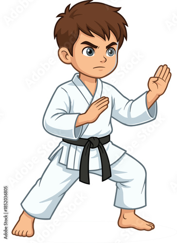 Cartoon boy practicing karate martial arts, kid in white kimono with black belt, vector illustration isolated on white background, self defense sport concept