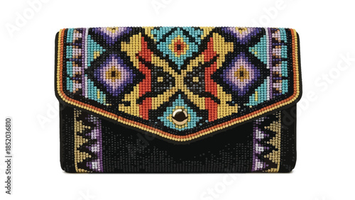 A colorful intricately beaded clutch purse with a black textured base
