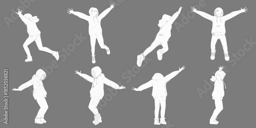 Stylized figures in dynamic poses presented as white outlines on a gray background