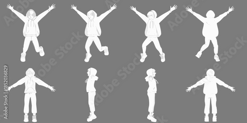 Silhouetted figures with arms raised in various dynamic poses against a gray backdrop