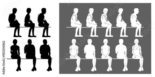 Silhouettes of people seated on a bench presented in varying color schemes
