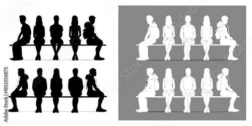 Silhouettes of people sitting on benches presented in contrasting color schemes