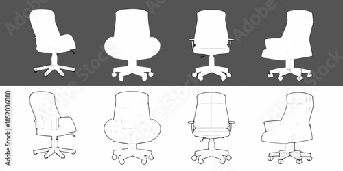 Line art illustrations of office chairs in various views and perspectives