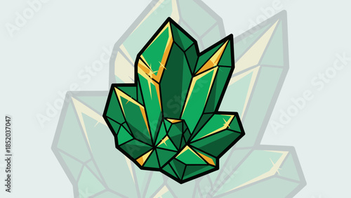 Detailed Emerald Crystal Cluster with Golden Highlights and Sharp Edges.