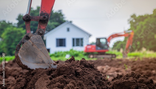 Heavy excavator digging dirt for house construction project