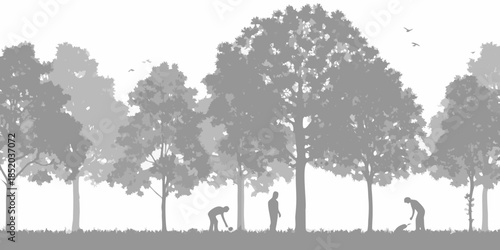 Silhouette of trees and people tending to a garden landscape