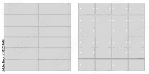 Arrangement of gray lockers in a grid pattern side by side view
