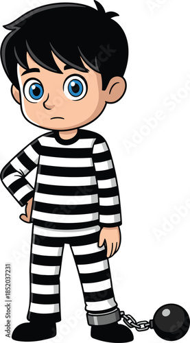Cartoon boy prisoner in striped uniform, sad kid convict character with ball and chain, vector illustration isolated on white background, jail costume concept