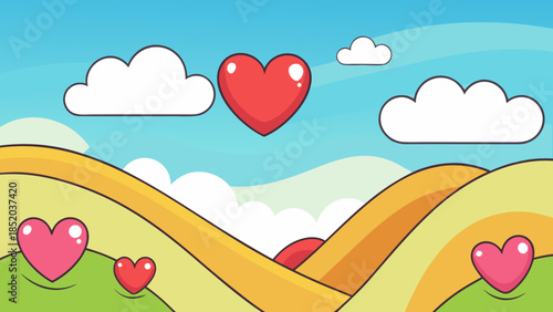 Landscape with floating hearts