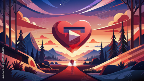 Couple walking under a heart-shaped sky