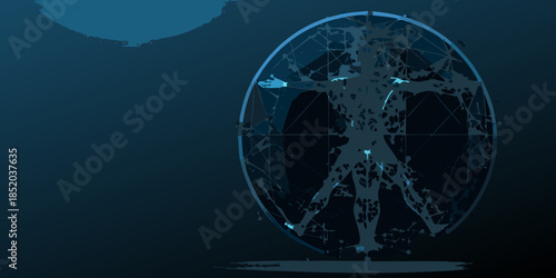 Abstract digital human form within an oval illuminated against a dark background