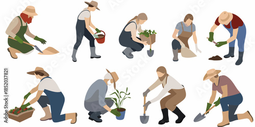 Diverse group of people gardening planting and tending to plants outdoors