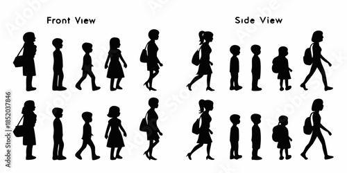 Silhouettes of people walking in different poses and perspectives