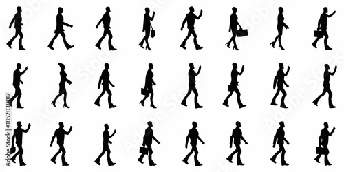 Silhouettes of people walking in various poses suggesting movement and daily life