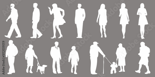 Silhouettes of diverse people in various poses and everyday activities