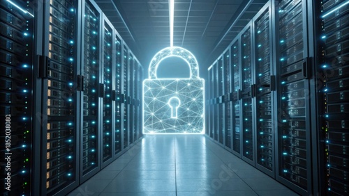 A secure data center featuring glowing server racks and a digital padlock, symbolizing data protection and cybersecurity.