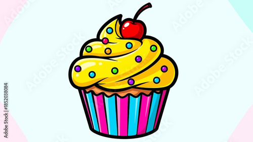 Colorful Cupcake with Cherry Topping - A Sweet Treat Illustration.
