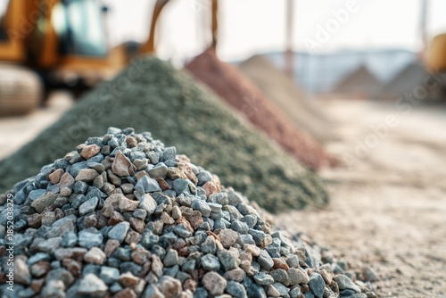 Close-up of various gravel piles on construction site with blurred machinery in background