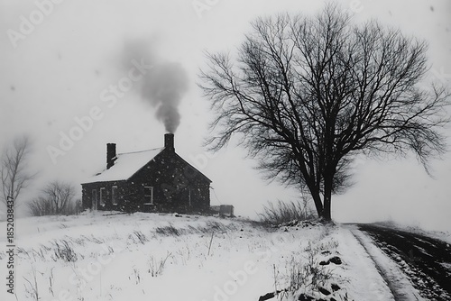 A snow-dusted farmhouse during early winter, smoke rising from a stone chimney and bare trees outlining the horizon 