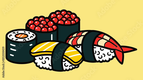 Colorful Sushi Assortment - A Delicious Japanese Food Illustration.