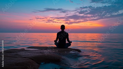 silhouette of a person meditating by the ocean at dawn