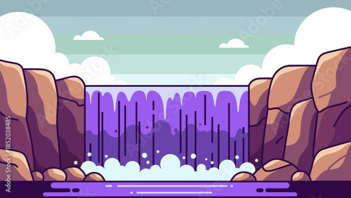 Purple Waterfall Between Rocky Cliffs in a Cartoon Style.