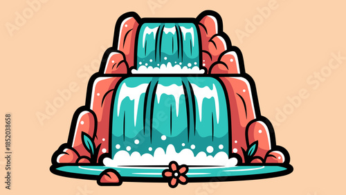Cartoon Waterfall Illustration with Rocks and Lush Vegetation.
