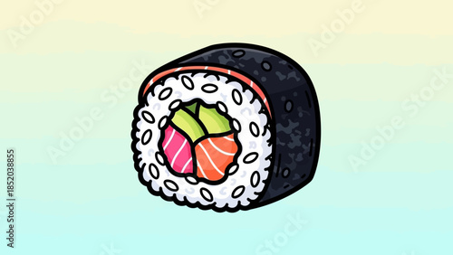 Colorful Sushi Roll Illustration with Rice and Various Fillings.