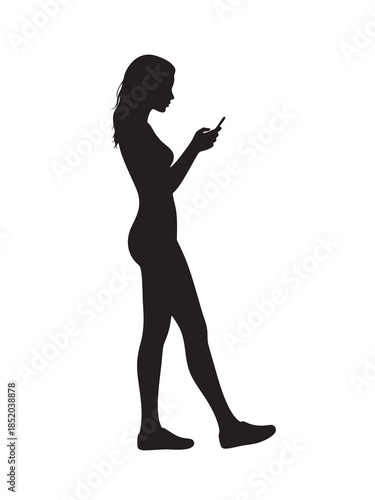 silhouette of a girl playing with a smartphone against a white background