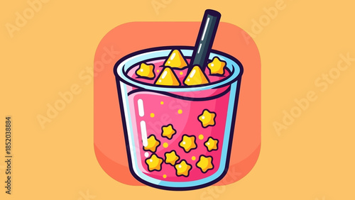 Cartoon illustration of a pink drink with star and triangle toppings.