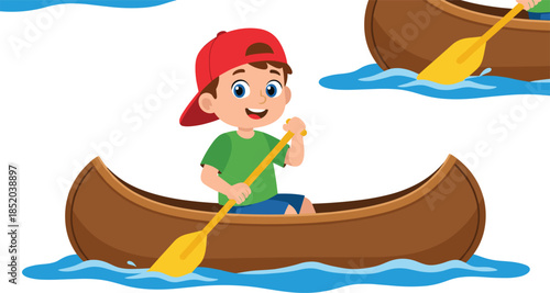 Cartoon boy rowing wooden canoe boat, happy kid paddling on water in river, vector illustration isolated on white background, summer camp activity