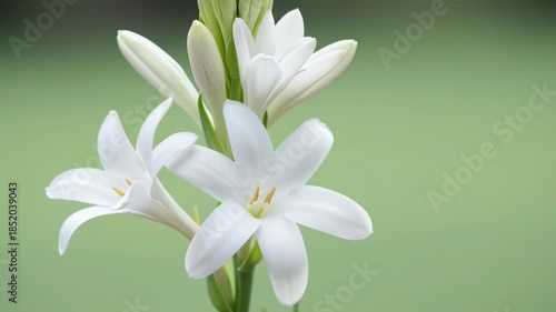 Captivating Closeup of Blooming White Tuberose Flowers with Subtle Green Background