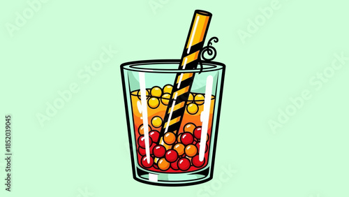 Illustration of a glass of bubble tea with a straw.