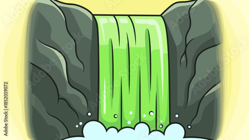 Cartoon Waterfall with Green Water and Rocky Cliffs.