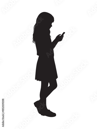 silhouette of a girl playing with a smartphone against a white background