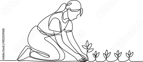 Continuous one line drawing young female farmer planting plant shoots in the ground.one line  vector illustration  with out background.